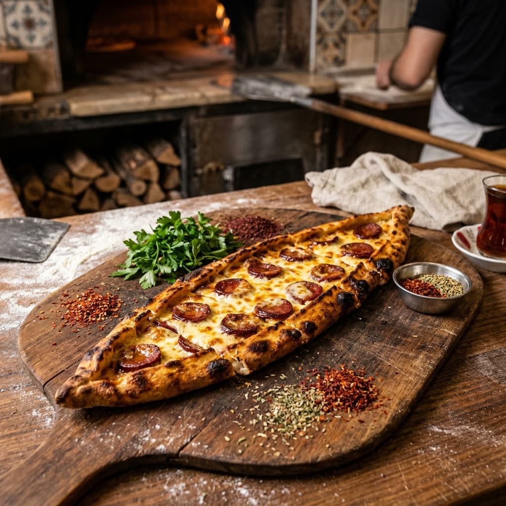 Sucuklu kaşarlı pide